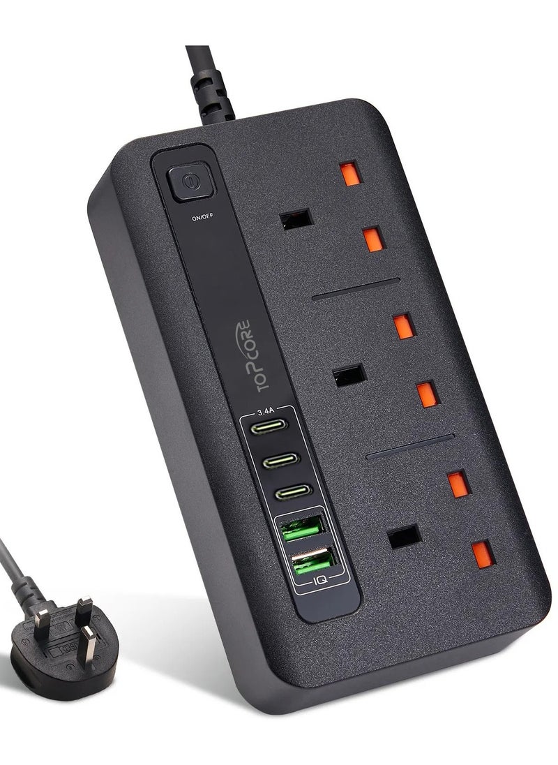 Topcore - Extension Socket with 3 Outlets and 5 USB Charging Ports, Desktop Charging Station  with 3 USB C Ports 2 USB A Ports, Extension Board with Over Heat Over Current Protection, Extension Cord Power Strip for Office Home Travel - Image 1
