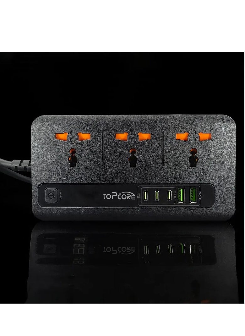 Topcore - Extension Socket with 3 Outlets and 5 USB Charging Ports, Desktop Charging Station  with 3 USB C Ports 2 USB A Ports, Extension Board with Over Heat Over Current Protection, Extension Cord Power Strip for Office Home Travel - Image 1