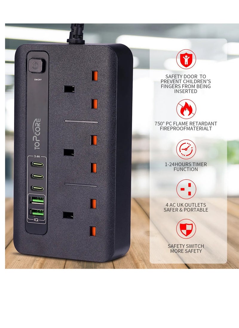 Topcore - Extension Socket with 3 Outlets and 5 USB Charging Ports, Desktop Charging Station  with 3 USB C Ports 2 USB A Ports, Extension Board with Over Heat Over Current Protection, Extension Cord Power Strip for Office Home Travel - Image 1