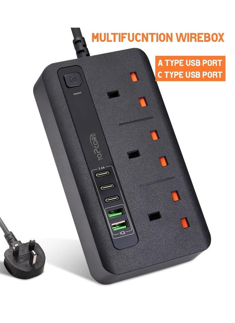 Topcore - Extension Socket with 3 Outlets and 5 USB Charging Ports, Desktop Charging Station  with 3 USB C Ports 2 USB A Ports, Extension Board with Over Heat Over Current Protection, Extension Cord Power Strip for Office Home Travel - Image 1