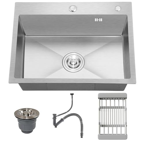 Vivrhintty 24-inch Single Bowl Kitchen Sink, Drop-in/Top-Mount Stainless Steel with Nano Coating, Includes Drain Kit & Fruit Basket, 24"x18"x8" - Image 1