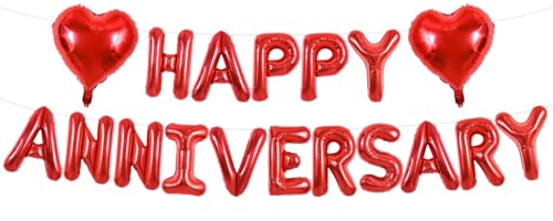 TONIFUL 16 Inch Happy Anniversary Letter BalloonsRed Heart Balloons Foil Letter Balloons Banner Reusable Material for Bachelorette Party Anniversary Wedding Couple Party Decorations - Image 1