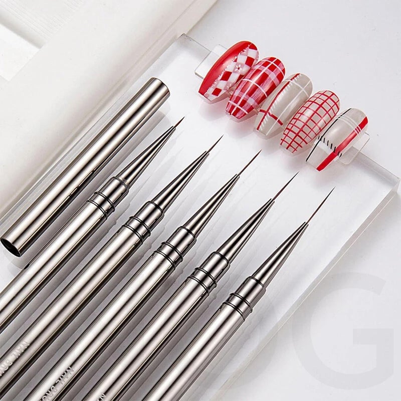 INOG Nail Art Brush Set, Nail Art Liner Brushes Nail Dotting Drawing Tool for Long Lines, Thin Details, Fine Drawing 5Pcs Set, Sizes 6/9/12/15/18mm(Silver) Nylon, Fine Point Bristle - Image 4