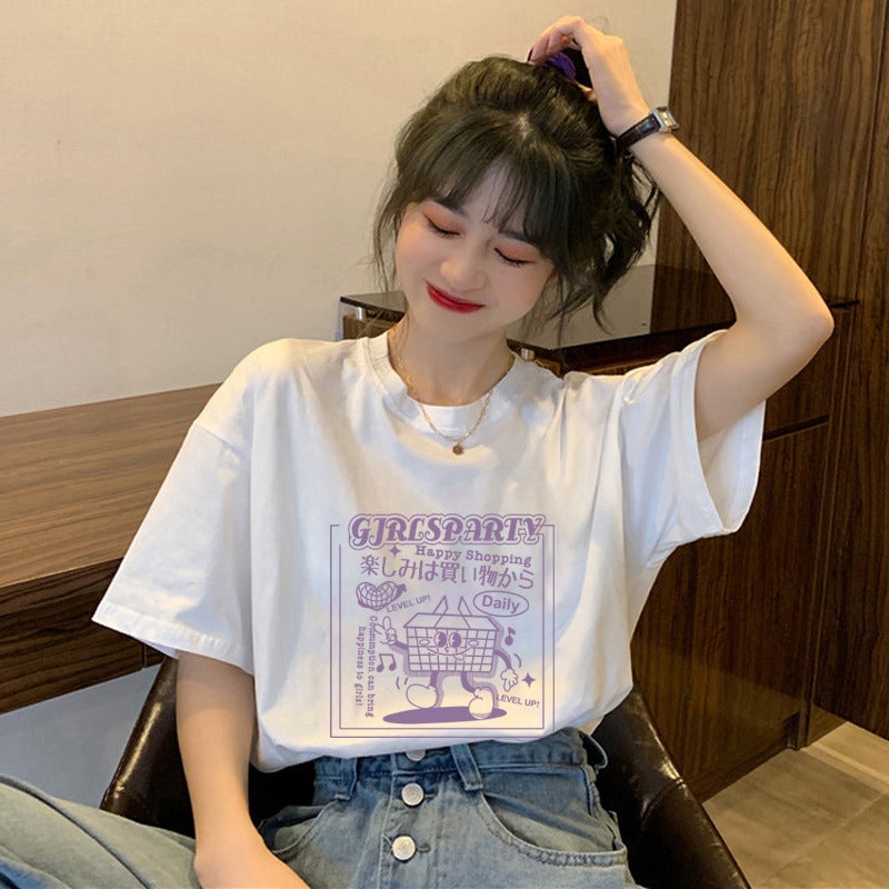 Short-Sleeved T-Shirt Women'S Cotton Loose Korean-Style Ins Women'S All-Match Cartoon Printed Inner Half-Sleeve Top - Image 1
