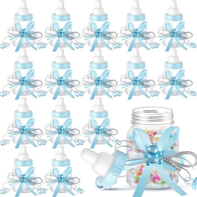 48 PCS BABY SHOWER BOTTLES MINI MILK BOTTLE PLASTIC BEAR CANDY BOTTLES WITH RIBBON BABY SHOWER WEDDING GIFT FOR GUESTBLUE