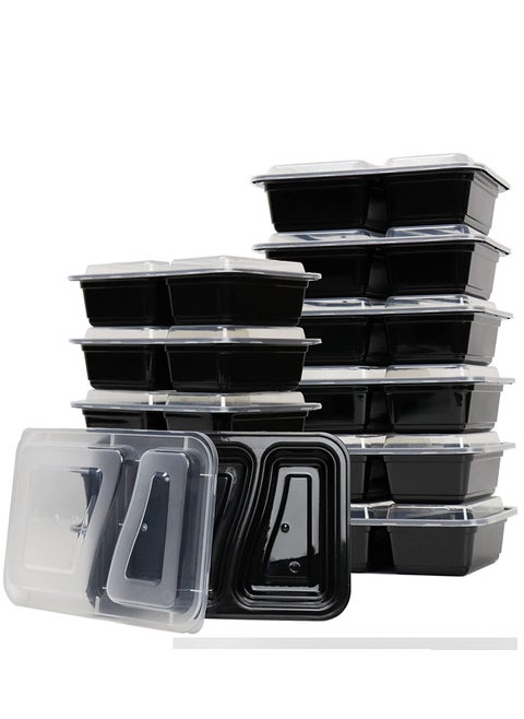 حاويات تحضير الوجبات بوزن 32oz [15 عبوة] 2 حجرة مع أغطية، حاويات تخزين الطعام، صندوق بينتو، خالية من البيسفينول A، قابلة للتكديس، آمنة للاستخدام في الميكروويف/غسالة الأطباق/الفريزر.