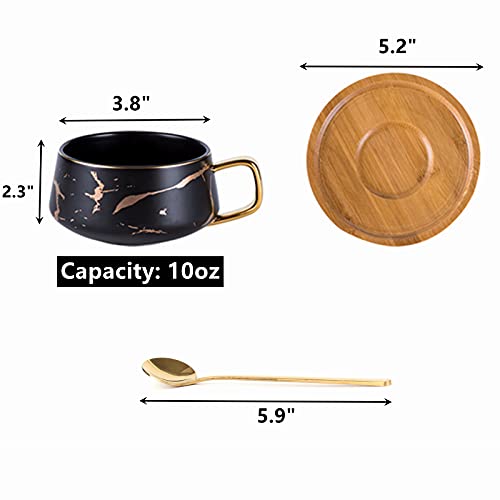 Peohud 2 Pack Ceramic Tea Coffee Cup, 10 OZ Coffee Mug with 304 Stainless Steel Spoon and Bamboo Saucer, Marble Espresso Cups for Latte, Cappuccino, Americano, White and Black - Image 2