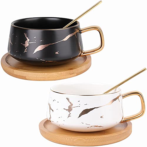 Peohud 2 Pack Ceramic Tea Coffee Cup, 10 OZ Coffee Mug with 304 Stainless Steel Spoon and Bamboo Saucer, Marble Espresso Cups for Latte, Cappuccino, Americano, White and Black - Image 5
