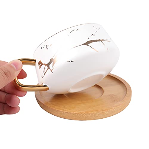Peohud 2 Pack Ceramic Tea Coffee Cup, 10 OZ Coffee Mug with 304 Stainless Steel Spoon and Bamboo Saucer, Marble Espresso Cups for Latte, Cappuccino, Americano, White and Black - Image 3