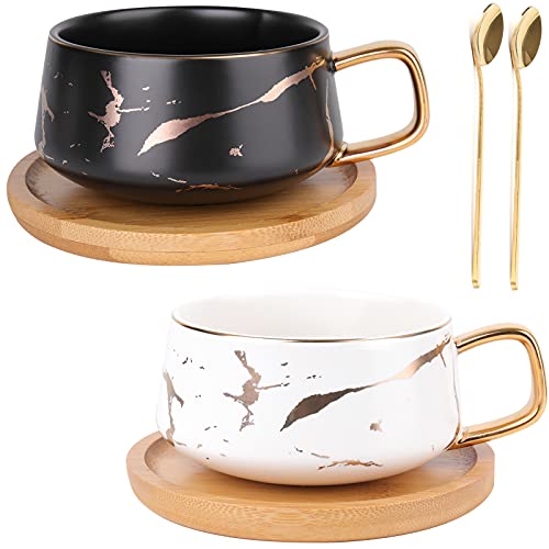 Peohud 2 Pack Ceramic Tea Coffee Cup, 10 OZ Coffee Mug with 304 Stainless Steel Spoon and Bamboo Saucer, Marble Espresso Cups for Latte, Cappuccino, Americano, White and Black - Image 1