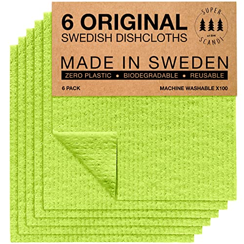 SUPERSCANDI SUPERSCANDI 6 Pack Swedish Dishcloths for Kitchen  100 Biodegradable  Compostable Reusable Paper Towels Washable FoodSafe  Without Plastic  Dish Rags Suitable for Any Surface Apple Green 