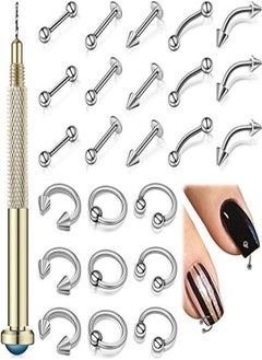 Maitys 25 Pieces Nail Art Dangle Charms With Nail Piercing Tool Hand Drill Nail Jewelry Rings Nail Charms Pierced Nail Art Supplies For Tips Acrylic Gels Decorations (Silver)  - Image 1