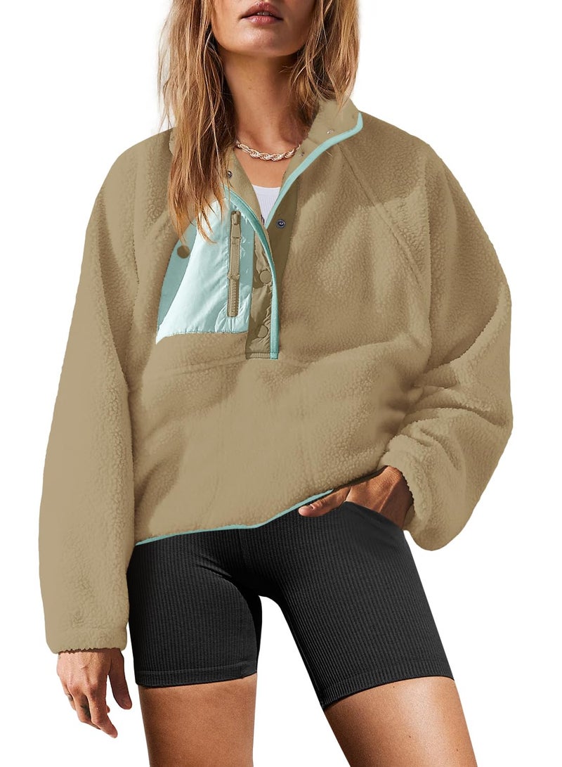 Yanekop Fleece Pullover Women Oversized Button Down Sweatshirts Cozy Fall Sweaters Long Sleeve V Neck Sweaters(Green Mixed,S) - Image 1