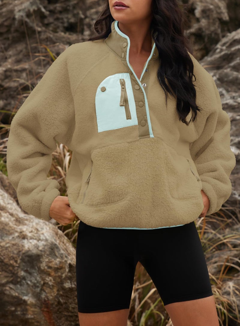Yanekop Fleece Pullover Women Oversized Button Down Sweatshirts Cozy Fall Sweaters Long Sleeve V Neck Sweaters(Green Mixed,S) - Image 5