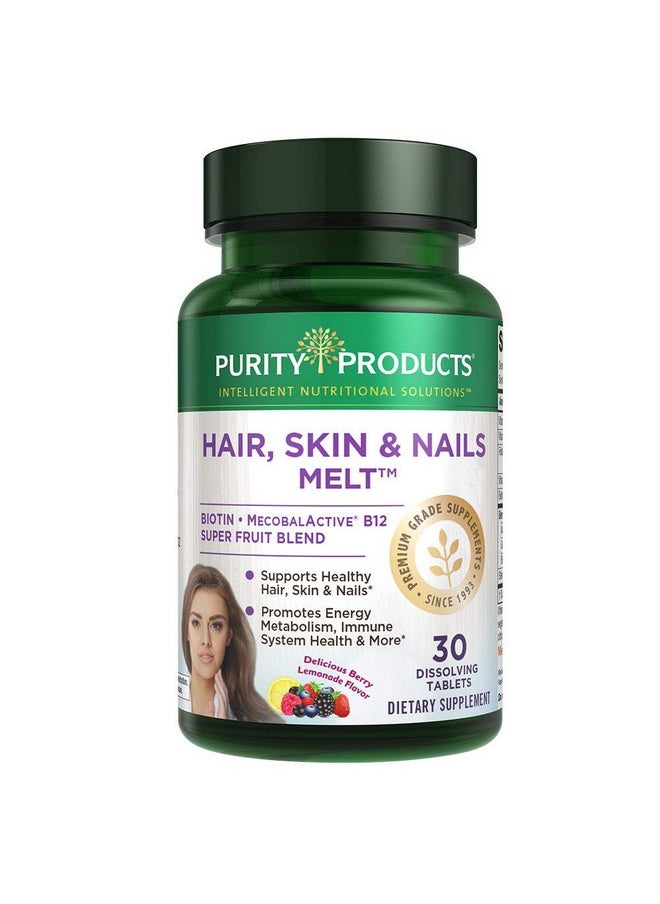 Purity Products - Hair Skin + Nails Melt 1000Mcg B12 + 2500Mcg Biotin Energy Berry Melt Delicious Berry Lemonade Flavor W/ Super Fruits B12 Methylcobalamin 30 Melting Tablets - Image 1