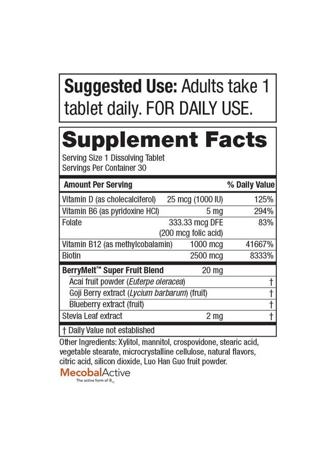 Purity Products - Hair Skin + Nails Melt 1000Mcg B12 + 2500Mcg Biotin Energy Berry Melt Delicious Berry Lemonade Flavor W/ Super Fruits B12 Methylcobalamin 30 Melting Tablets - Image 1