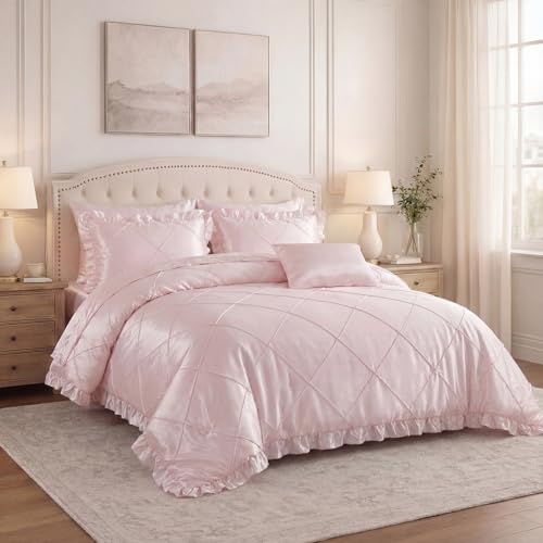 Bedding_Dreamer Pink Comforter Set with Sheet Set Queen Silk Like Bedding Set Silky Bed in a Bag 8 Pcs Pinch Pleat Bed Set Home Decor Luxury Hotel Satin Ruffle Down Comforter with 1 Cushion Cover - Image 2