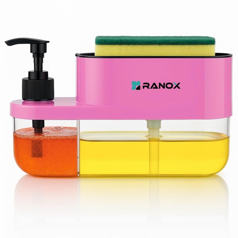 Ranox 3-in-1 Soap Dispenser for Kitchen Sink – Dish Soap Dispenser with Sponge Holder & Pump, Countertop Organizer for Kitchen or Bathroom wash Basin (Pink) - Image 1