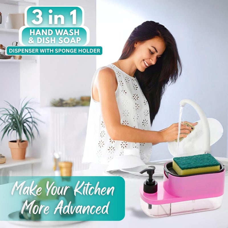 Ranox 3-in-1 Soap Dispenser for Kitchen Sink – Dish Soap Dispenser with Sponge Holder & Pump, Countertop Organizer for Kitchen or Bathroom wash Basin (Pink) - Image 2