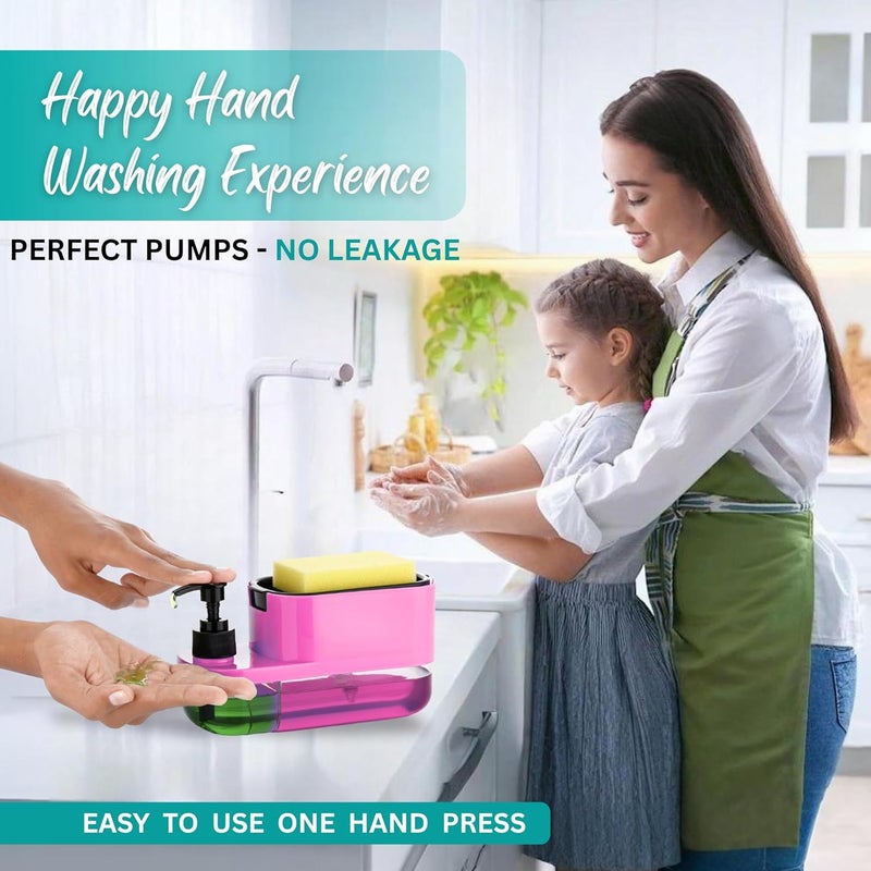 Ranox 3-in-1 Soap Dispenser for Kitchen Sink – Dish Soap Dispenser with Sponge Holder & Pump, Countertop Organizer for Kitchen or Bathroom wash Basin (Pink) - Image 3