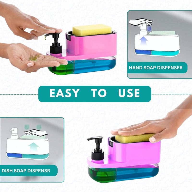 Ranox 3-in-1 Soap Dispenser for Kitchen Sink – Dish Soap Dispenser with Sponge Holder & Pump, Countertop Organizer for Kitchen or Bathroom wash Basin (Pink) - Image 4