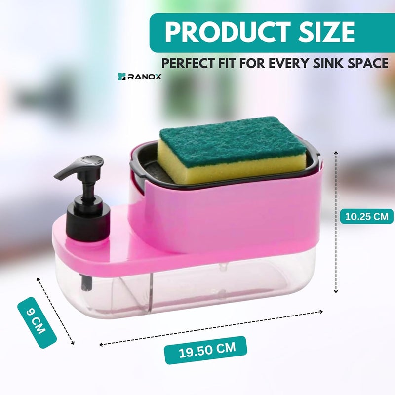 Ranox 3-in-1 Soap Dispenser for Kitchen Sink – Dish Soap Dispenser with Sponge Holder & Pump, Countertop Organizer for Kitchen or Bathroom wash Basin (Pink) - Image 5