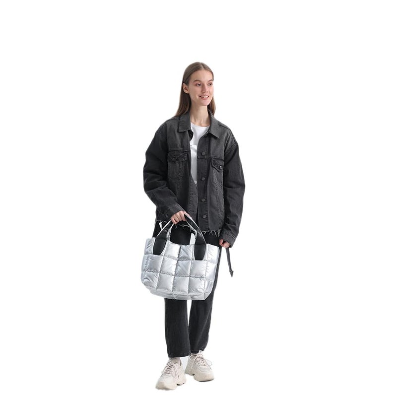 VAKAER Tote Bag with Zipper, Silver Puffer Bag Women Padded Purse with Adjustable Strap Shoulder Crossbody Bag for Travel Work Gym (Silver) - Image 2