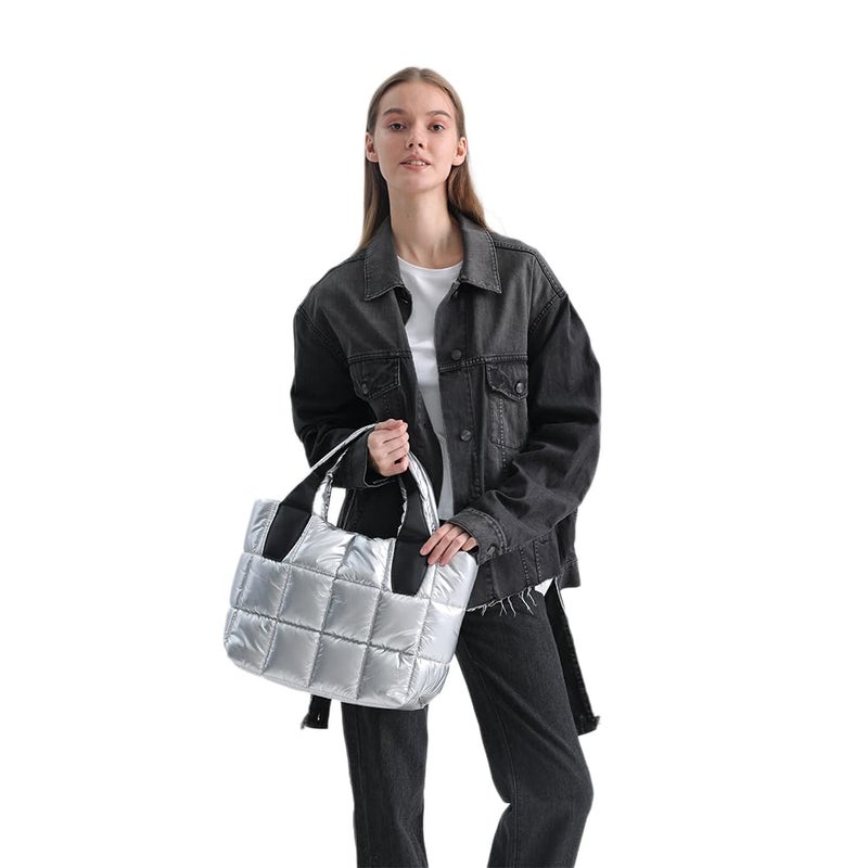 VAKAER Tote Bag with Zipper, Silver Puffer Bag Women Padded Purse with Adjustable Strap Shoulder Crossbody Bag for Travel Work Gym (Silver) - Image 5