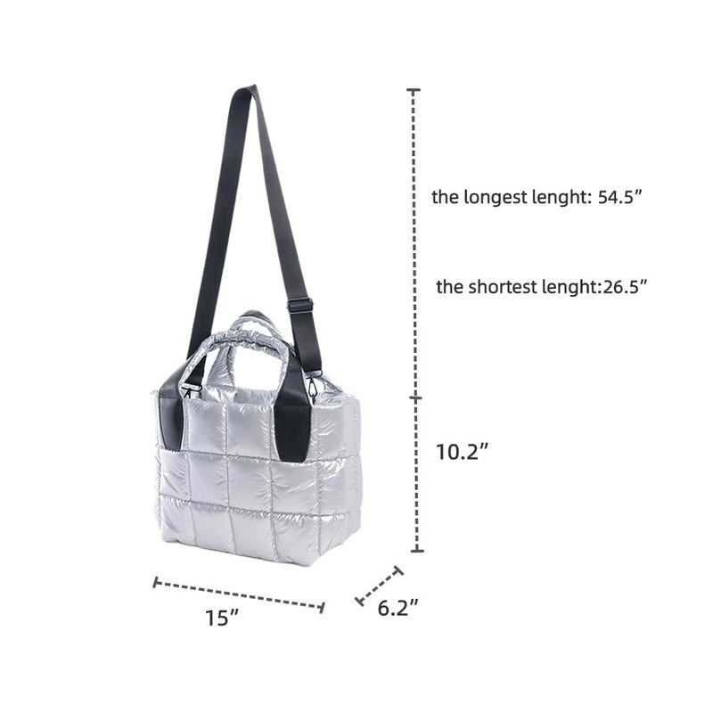 VAKAER Tote Bag with Zipper, Silver Puffer Bag Women Padded Purse with Adjustable Strap Shoulder Crossbody Bag for Travel Work Gym (Silver) - Image 3