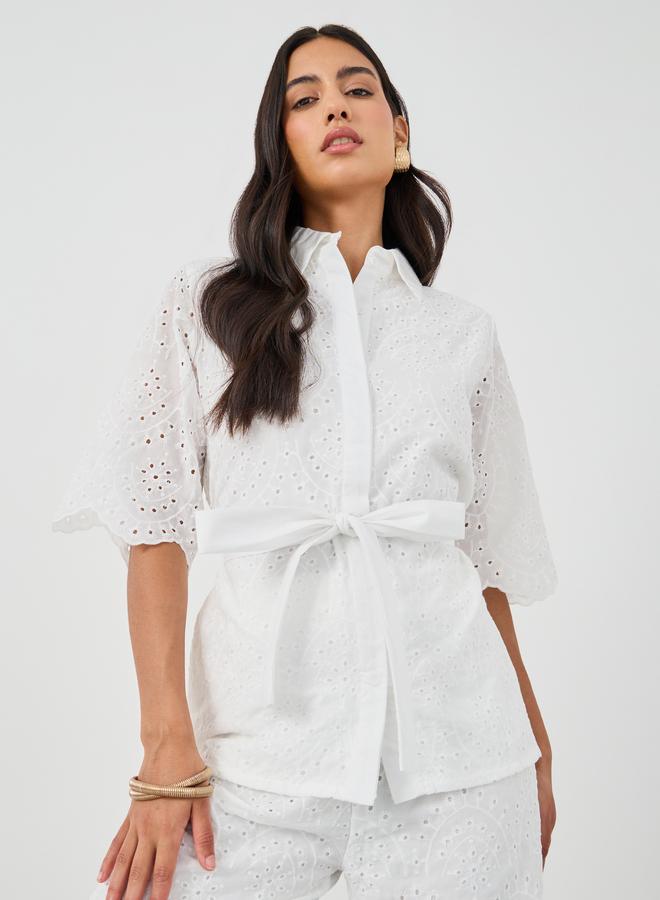 Styli Styli Schiffli Belted Shirt and Flared Pants Co-Ords  - Image 2