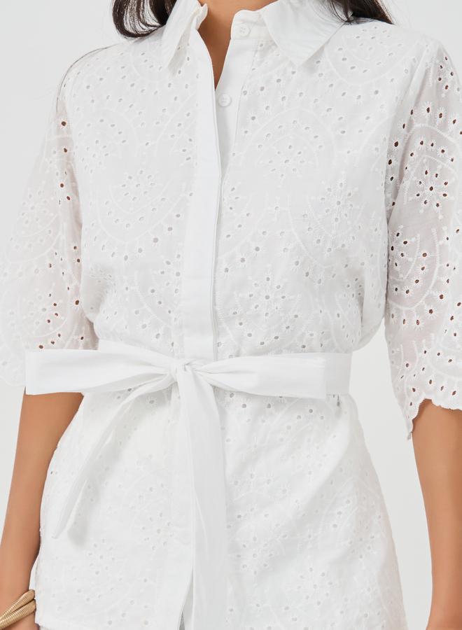 Styli Styli Schiffli Belted Shirt and Flared Pants Co-Ords  - Image 3