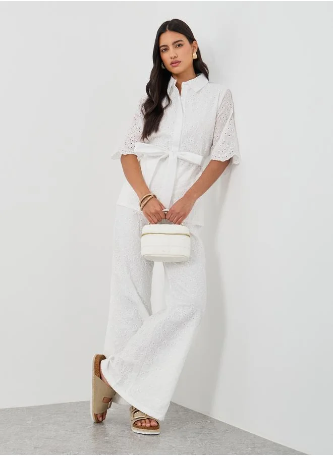 Styli Styli Schiffli Belted Shirt and Flared Pants Co-Ords