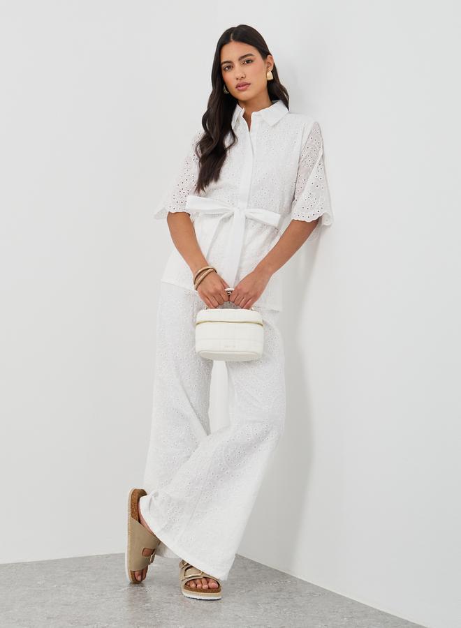 Styli Styli Schiffli Belted Shirt and Flared Pants Co-Ords  - Image 1