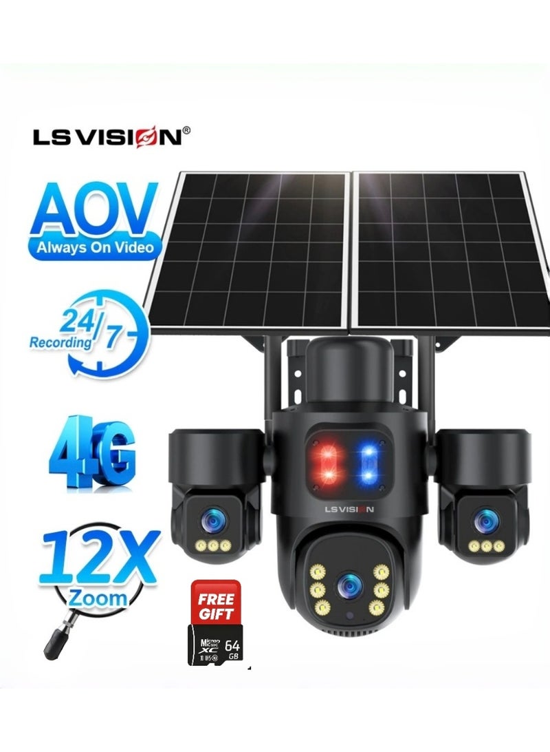 إل أس فيجين كاميرا مراقبة لاسلكية تعمل بالطاقة الشمسية من إل إس فيجن، طراز LS VISION 3، مزودة بثلاث شاشات، وتقنية AOV، وتدعم شبكة 4G، مع تسجيل يعمل على مدار الساعة طوال أيام الأسبوع للاستخدام الخارجي، مزودة بتكبير بصري 12x، وتتبع تلقائي للحركة، ولوحة شمسية بقدرة 15 واط، ومقاومة للماء والغبار بمعيار IP66، تشمل بطاقة ذاكرة بسعة 64 غيغابايت قياسية وبطارية داخلية بسعة 10800 ميلي أمبير في الساعة. - Image 1
