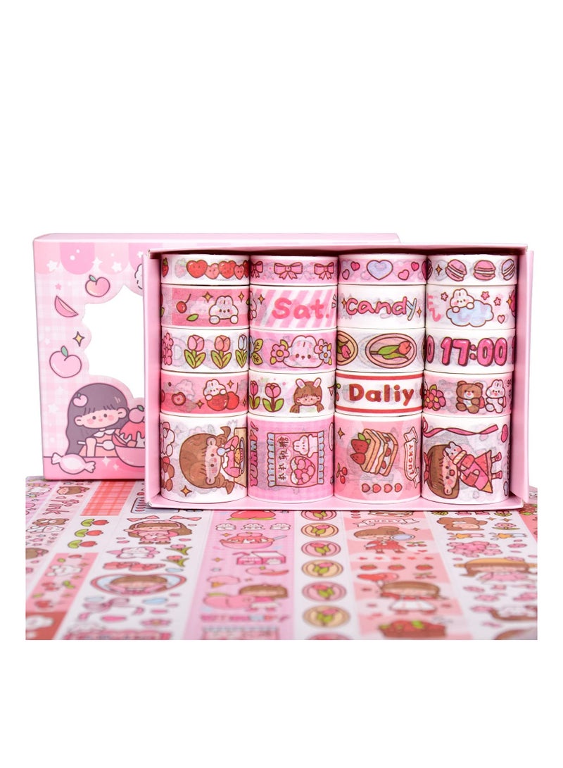 lovely Washi Tape Set 20 Rolls Wide Kawaii Cartoon Animals Aesthetic Decorative Masking Tape Sets for Scrapbook Journaling Kid's DIY Craft Scrapbooking Supplies Pink - Image 1