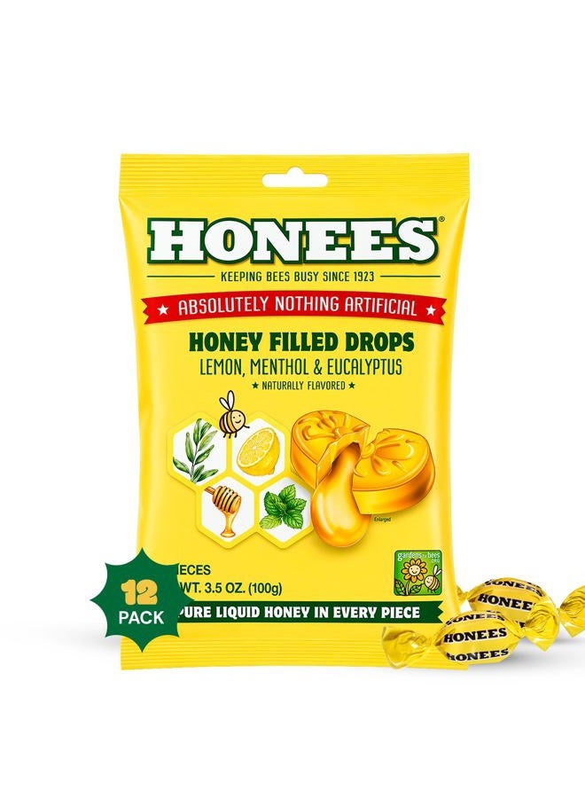 Honees Filled Honey Lemon Cough Drops- Filled with Honey, Menthol, Lemon and Eucalyptus - Nothing Artificial -Natural Sore Throat Lozenges- Non-GMO, Gluten Free (12 Pack – 240 Drops) - Image 1