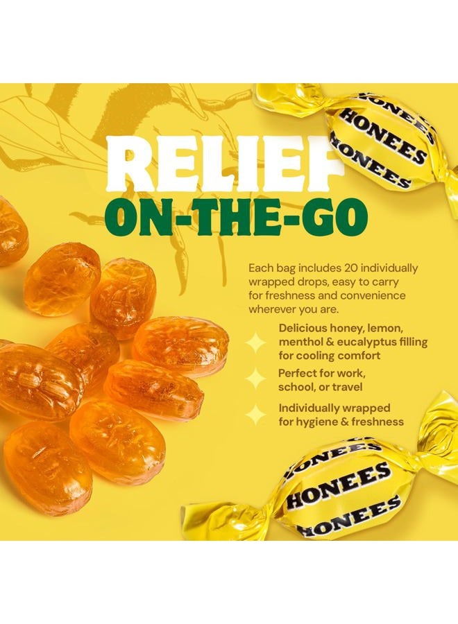 Honees Filled Honey Lemon Cough Drops- Filled with Honey, Menthol, Lemon and Eucalyptus - Nothing Artificial -Natural Sore Throat Lozenges- Non-GMO, Gluten Free (12 Pack – 240 Drops) - Image 3