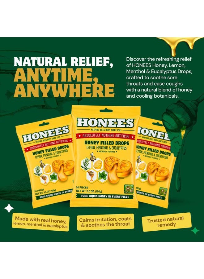 Honees Filled Honey Lemon Cough Drops- Filled with Honey, Menthol, Lemon and Eucalyptus - Nothing Artificial -Natural Sore Throat Lozenges- Non-GMO, Gluten Free (12 Pack – 240 Drops) - Image 2