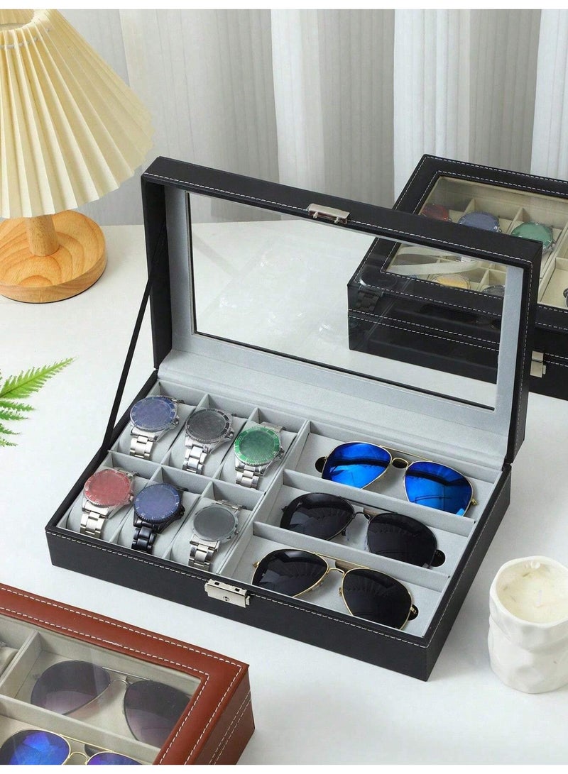 بلومنغ تايم صندوق تخزين مدمج متعدد الوظائف مع 6 مقصورات لتخزين الساعات + 3 مقصورات لتخزين النظارات ، وصندوق مجوهرات متعدد الوظائف ، وغطاء صندوق زجاجي مرئي ، وبطانة داخلية متدفقة ، وصندوق تخزين متعدد المقصورات - Image 1