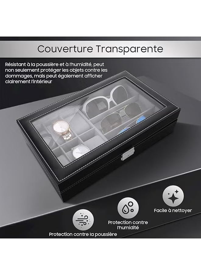 بلومنغ تايم صندوق تخزين مدمج متعدد الوظائف مع 6 مقصورات لتخزين الساعات + 3 مقصورات لتخزين النظارات ، وصندوق مجوهرات متعدد الوظائف ، وغطاء صندوق زجاجي مرئي ، وبطانة داخلية متدفقة ، وصندوق تخزين متعدد المقصورات - Image 2