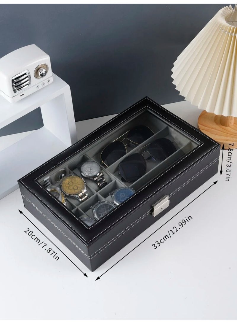 بلومنغ تايم صندوق تخزين مدمج متعدد الوظائف مع 6 مقصورات لتخزين الساعات + 3 مقصورات لتخزين النظارات ، وصندوق مجوهرات متعدد الوظائف ، وغطاء صندوق زجاجي مرئي ، وبطانة داخلية متدفقة ، وصندوق تخزين متعدد المقصورات - Image 3