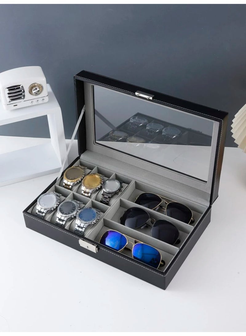 بلومنغ تايم صندوق تخزين مدمج متعدد الوظائف مع 6 مقصورات لتخزين الساعات + 3 مقصورات لتخزين النظارات ، وصندوق مجوهرات متعدد الوظائف ، وغطاء صندوق زجاجي مرئي ، وبطانة داخلية متدفقة ، وصندوق تخزين متعدد المقصورات - Image 4
