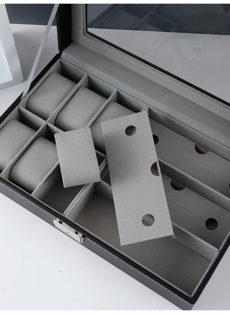 بلومنغ تايم صندوق تخزين مدمج متعدد الوظائف مع 6 مقصورات لتخزين الساعات + 3 مقصورات لتخزين النظارات ، وصندوق مجوهرات متعدد الوظائف ، وغطاء صندوق زجاجي مرئي ، وبطانة داخلية متدفقة ، وصندوق تخزين متعدد المقصورات - Image 5