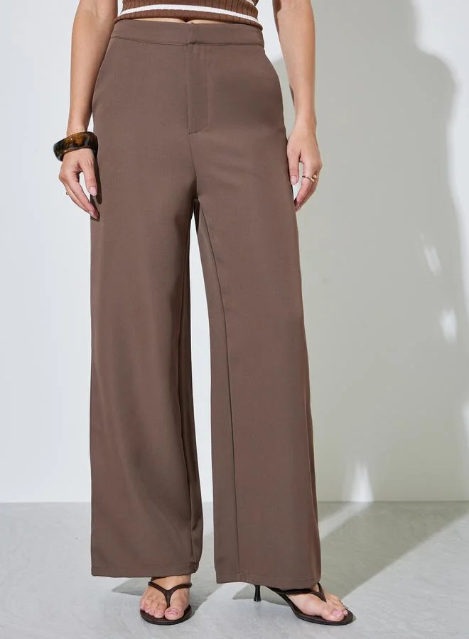 Styli Tan Solid Wide Leg Trousers
