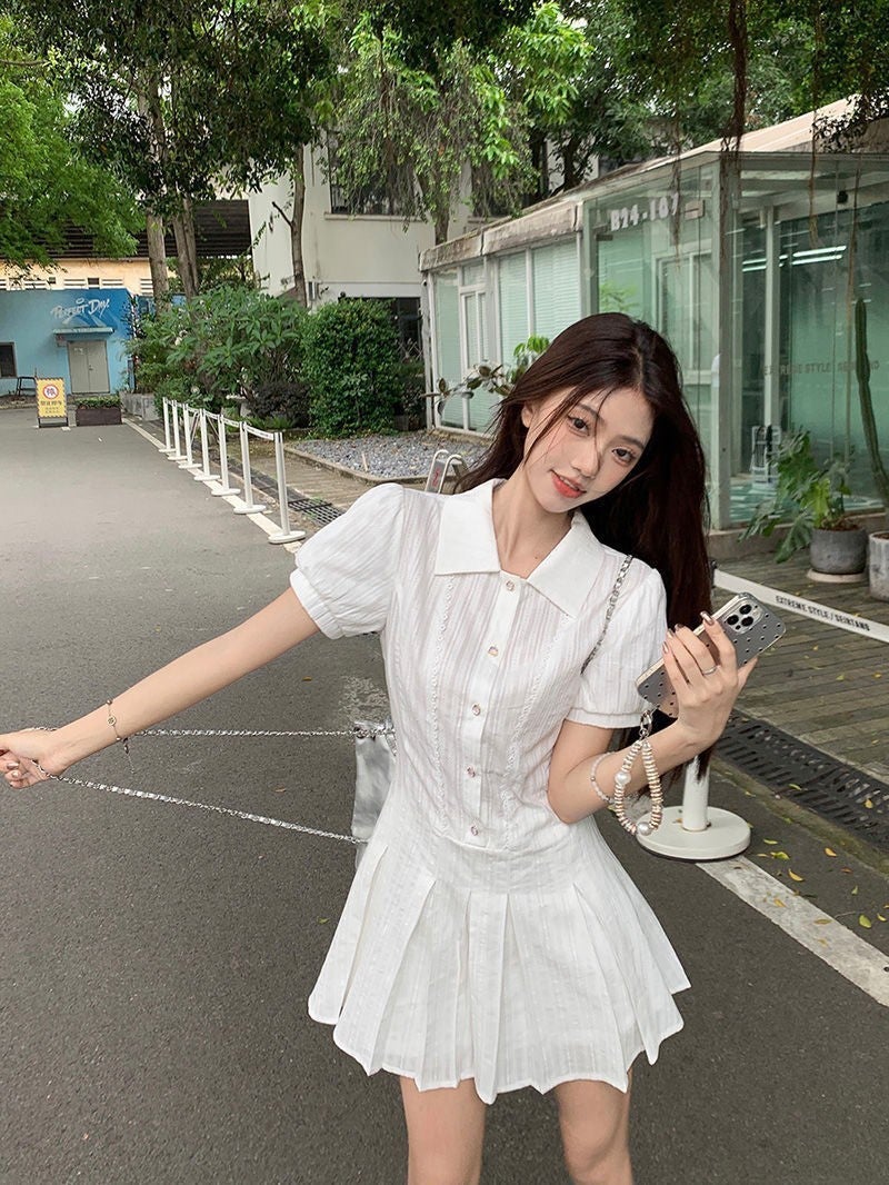 2024 New Womens Summer Cropped Petite White Dress Preppy Style Short Sleeves Dress For First Love Small White Dress White (with pants) 