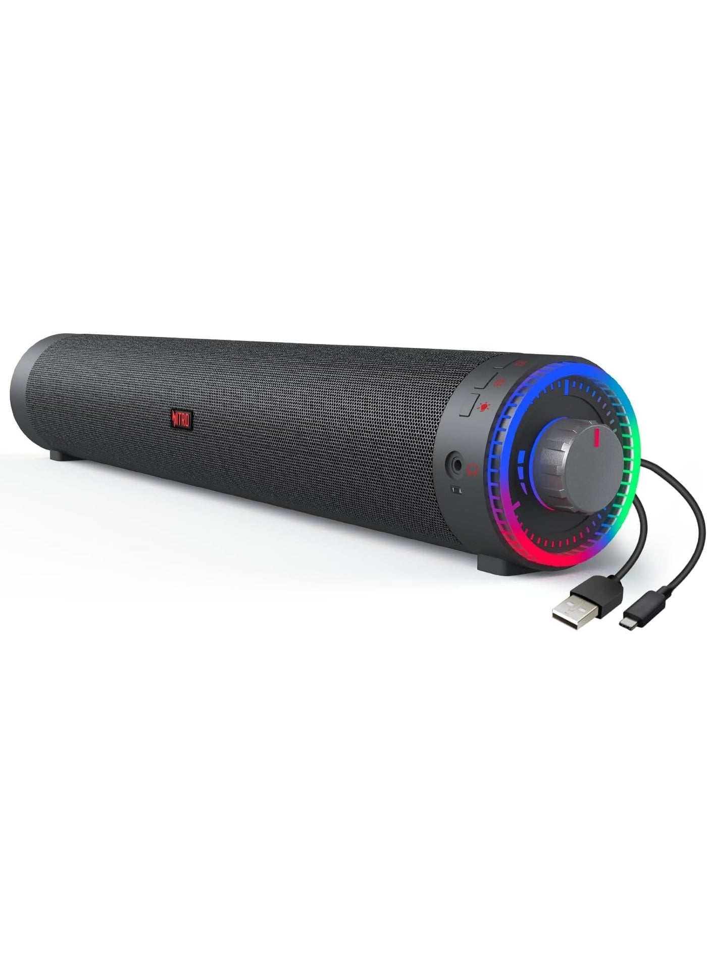 Nitro Gaming Sound Bar – Compact USB-Powered PC Soundbar with Dual Stereo Drivers, RGB Lighting Effects, Volume Control, and Clear Audio for Gaming, Music And Movies - Black