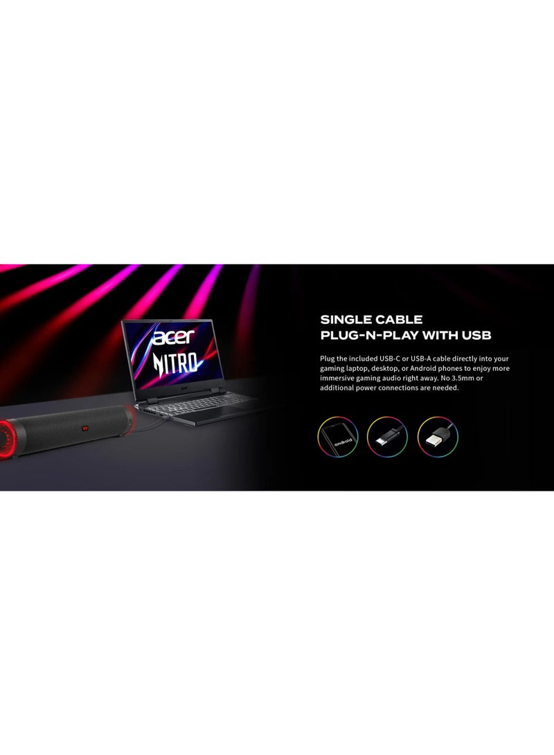 Acer Nitro Gaming Sound Bar – Compact USB-Powered PC Soundbar with Dual Stereo Drivers, RGB Lighting Effects, Volume Control, and Clear Audio for Gaming, Music And Movies - Black - Image 2