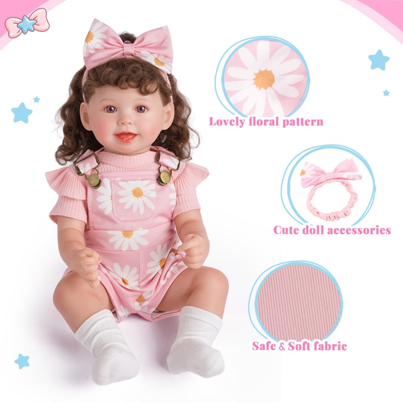 BABESIDE 4 Pcs Reborn Baby Doll Clothes for 17-22 Inch Babydolls, Cute Pink Flower Dolls Overalls Lifelike Reborn Baby Doll Accessories with Headband and Socks for Realistic Dolls Girl - Image 2