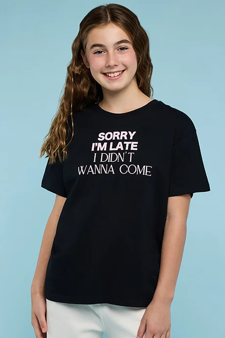 أر أند بي Typography Print T-Shirt with Crew Neck and Short Sleeves