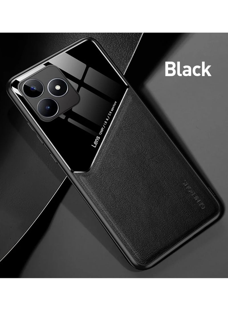 Case Compatible With Realme C53/C51/Note 50 Cover Luxury Leather And Glass With Car Magnetic Holder Phone Cover Soft Frame Silicone (Black) - Image 1